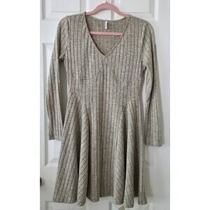 Halara Ribbed Knit V-Neck Long Sleeve Flare Mini Dress Medium